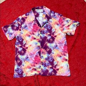 PacSun Tie Dye Short Sleeve Button Down Shirt Purple Yellow Men’s L NWT